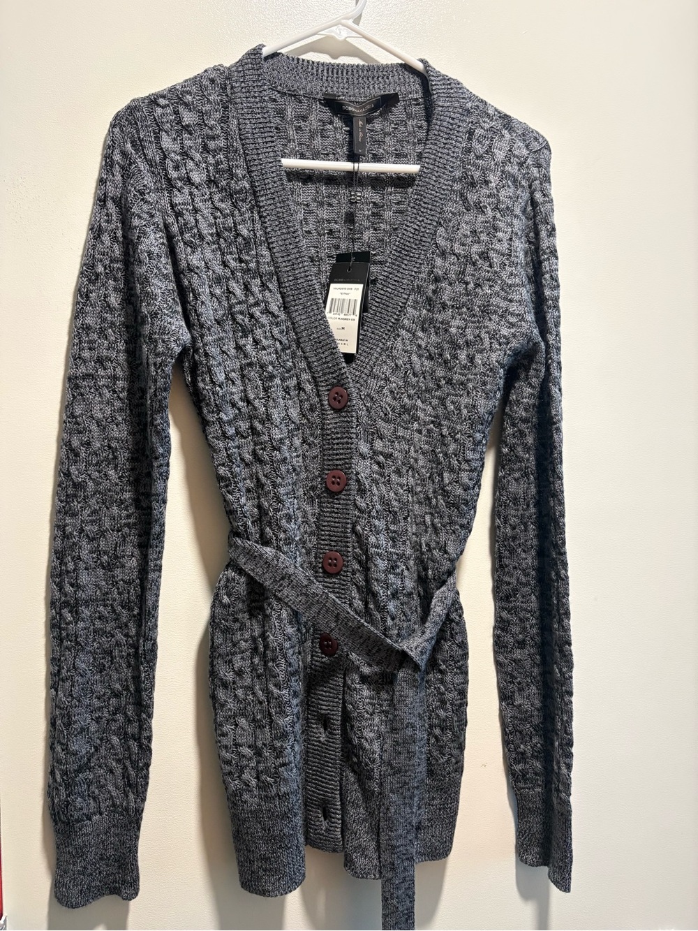 BCBGMAXAZRIA Eitna Cable Knit Belted Cardigan Sweater Gray M NWT